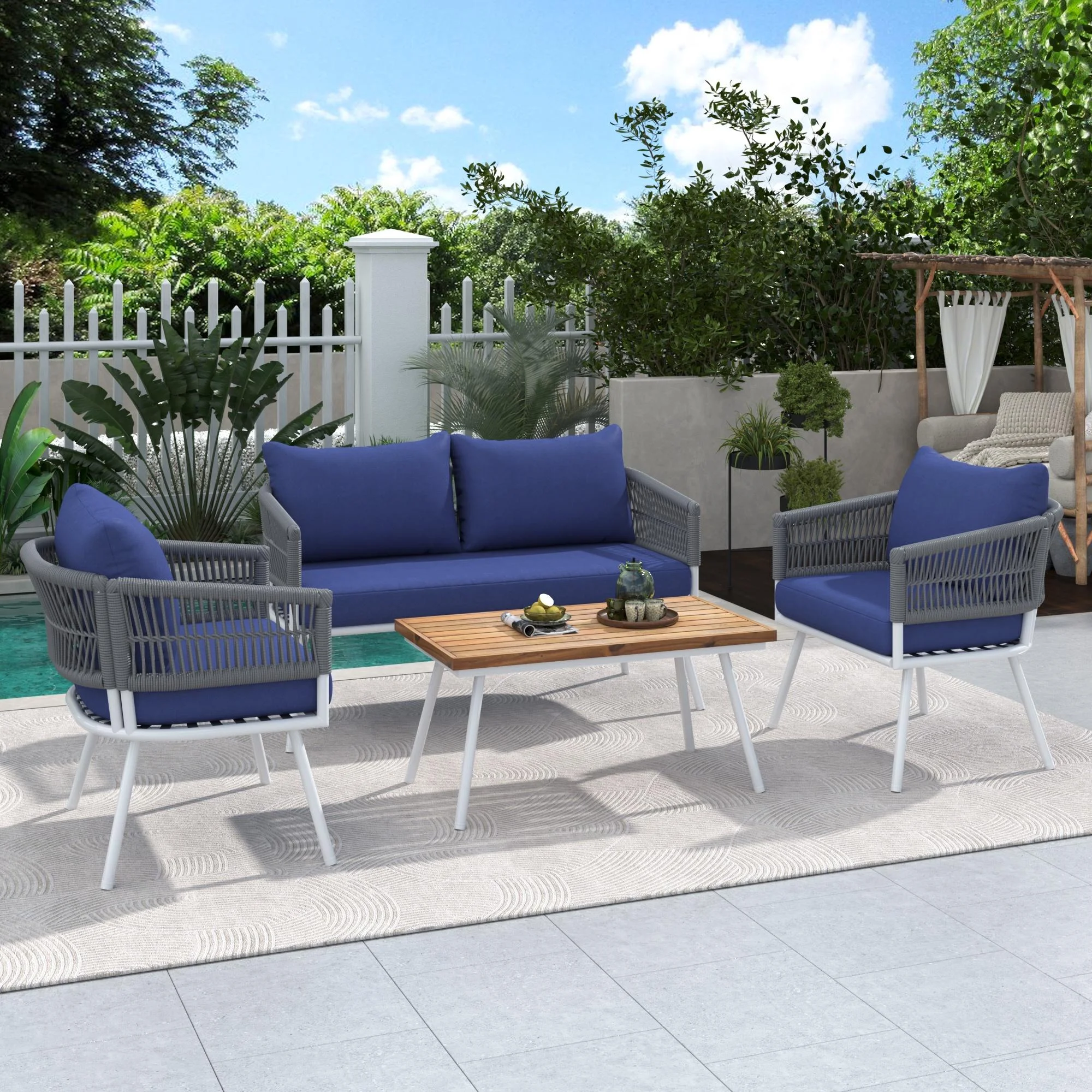 SEGMART 4 Piece Patio Conversation Set, Boho Rope Patio Furniture Set with Acacia Wood Table, All-Weather Outdoor Woven Rope Sofa Set with Thick Cushion for Porch Backyard Balcony, Navy Blue