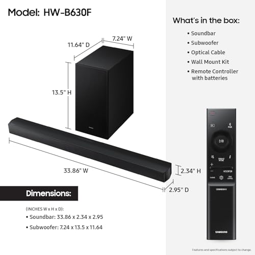 Samsung B-Series Soundbar HW-B630F 3.1 ch DTS Virtual:X Soundbar with Subwoofer (2025 Model) One Remote Control, Voice Enhance Mode, Adaptive Sound