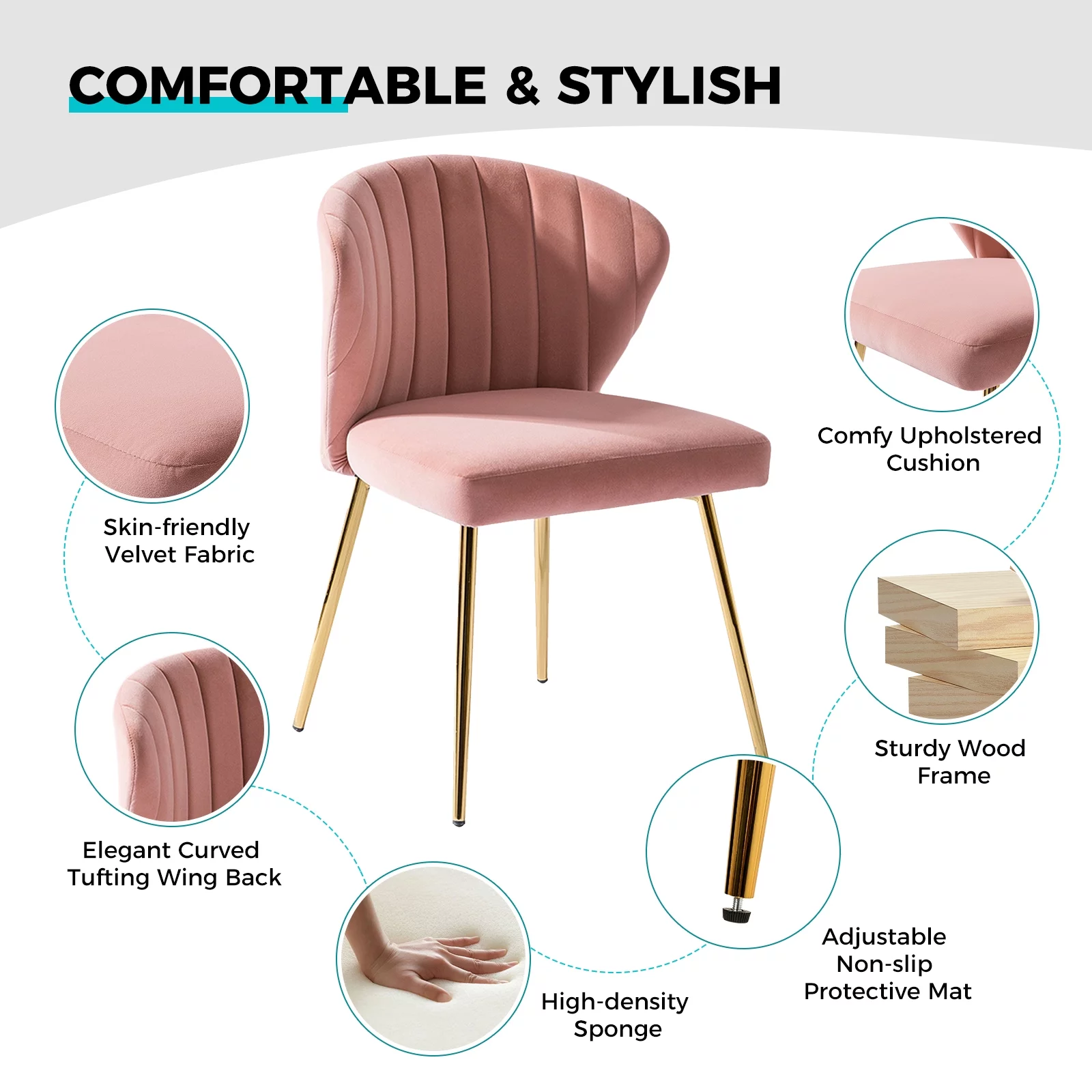 Velvet Wingback Accent Chair Upholstered Home Kitchen Dining Side Chair Gold Metal Legs Bedroom Pink