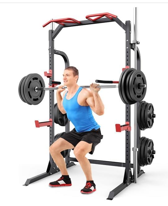 SunHome Power Cage Squat Rack, Multi-Functional Power Rack with Adjustable Cable Crossover System, J-Hooks, Dip Handles, Weight Plate Storage