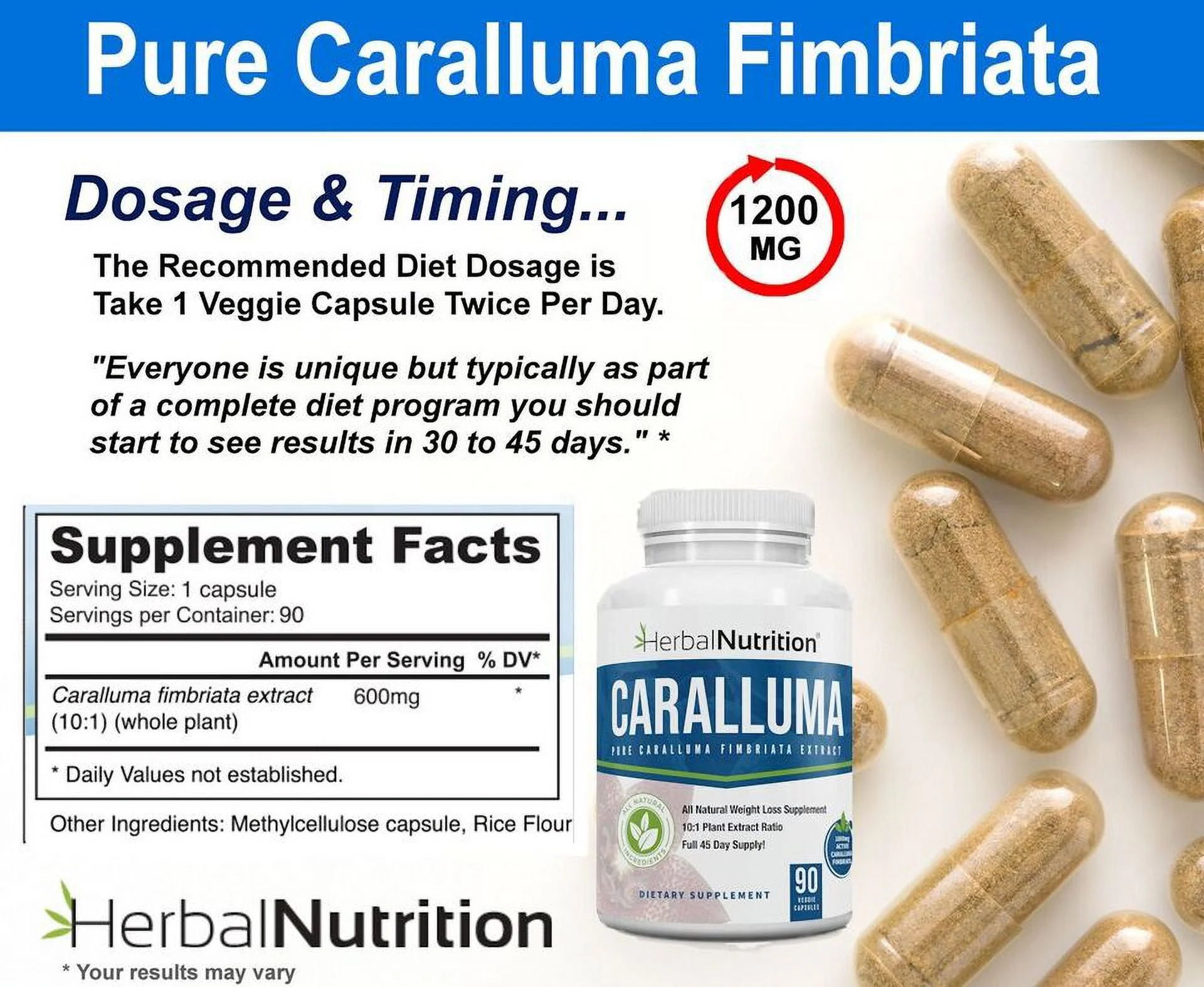 Best Caralluma Fimbriata Weight Loss Supplement 1200mg 10:1 Fat Burner Pill - 90 Capsules