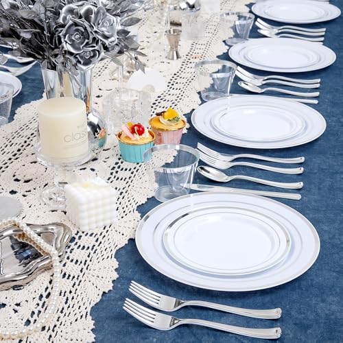 WELLIFE 300 PCS Gold Glitter Dinnerware Set for 50 Guests, Disposable Plastic Plates for Party, 50 Dinner Plates, 50 Salad Plates, 50 Cups Forks Knives Spoons for Wedding and Party Supplies