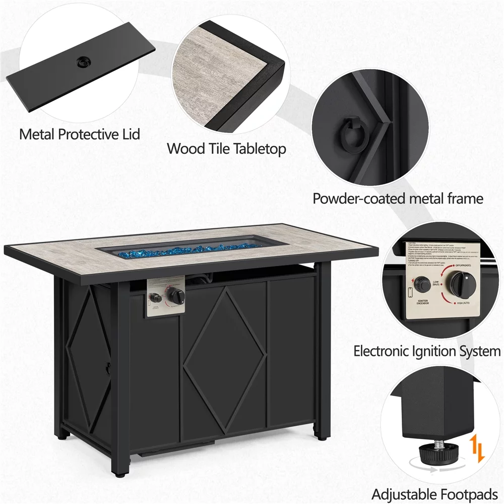 Topeakmart 43″ Metal Fire Table w/ Ceramic Top & Cover, Black/Wood