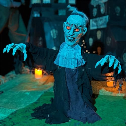 Halloween Vampire Groundbreaker Decoration,Scary Animatronics Vampire with Glowing Eyes and Sounds for Outdoor Graveyard Haunted House,Sounds Activated Animated Zombie Shaking Hands and Head