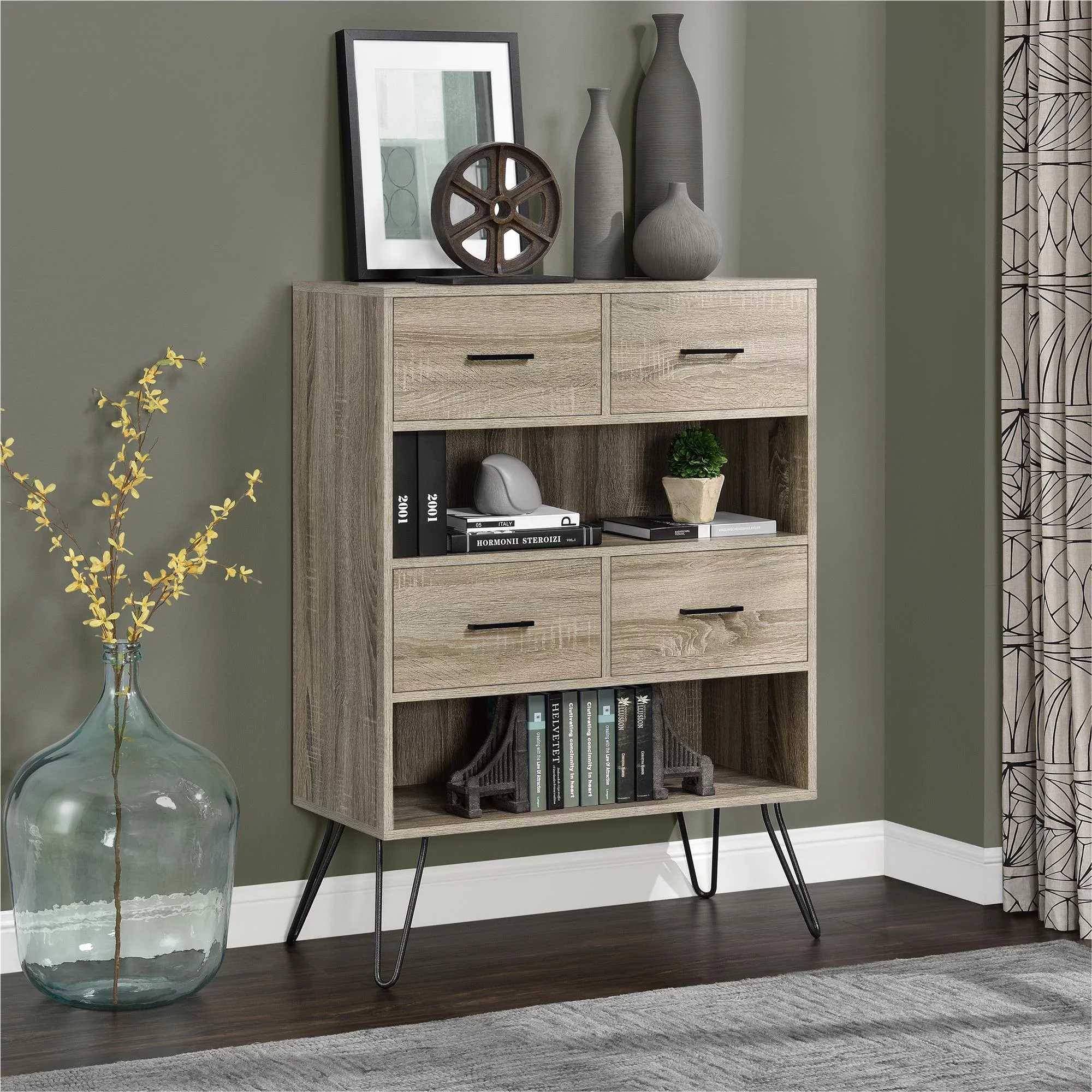 Ameriwood Home Landon Bookcase with Bins, Sonoma Oak/Gunmetal Gray