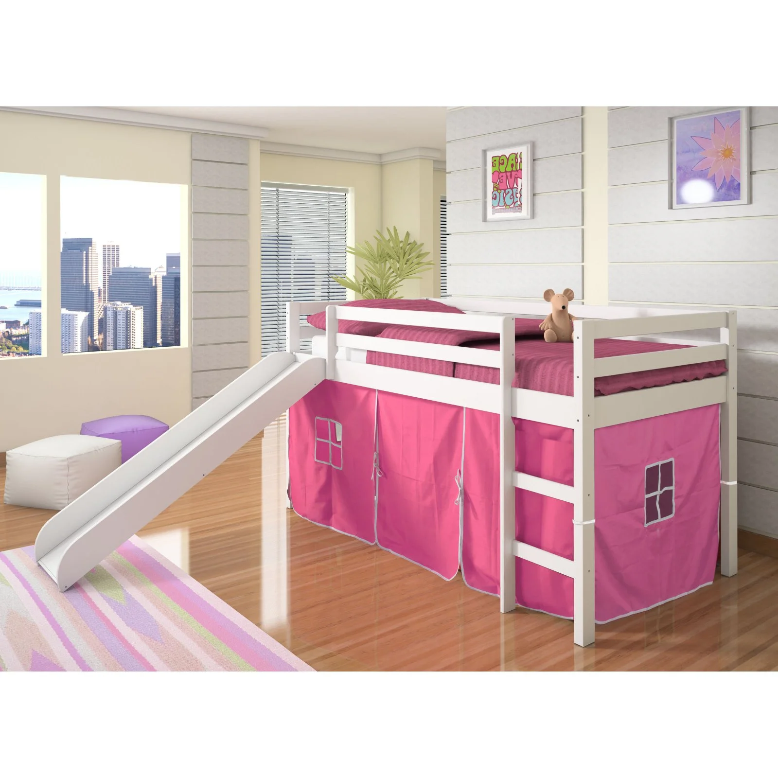 Donco Kids Twin Loft Bed with Pink Tent and Slide, White