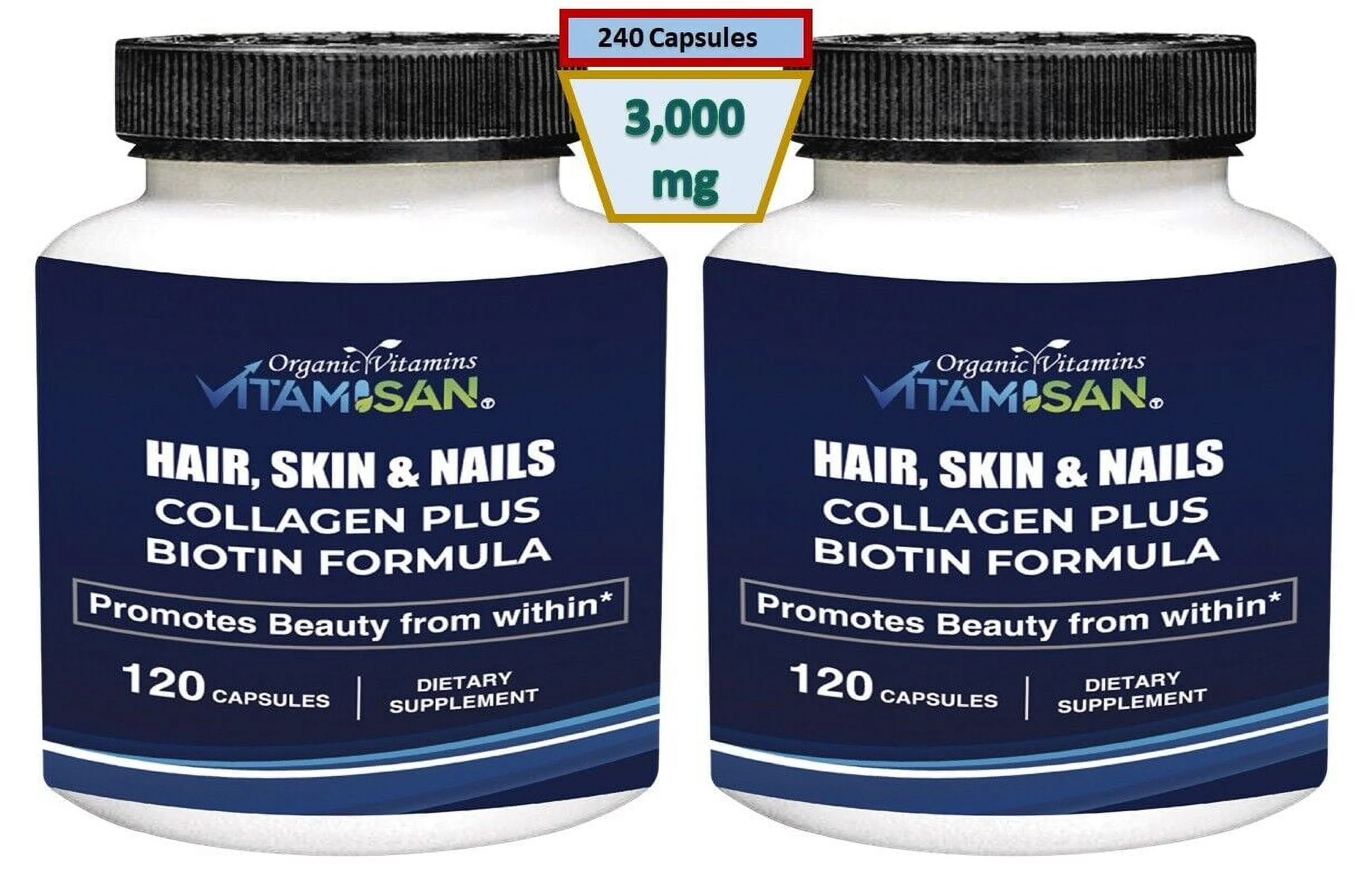 Hair, Skin, Nails Collagen Plus Biotin Formula Capsules 3000 mg 120 Count Pack of 2