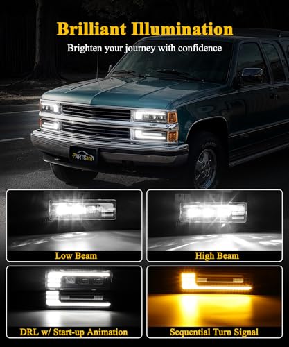 PARTSam LED Headlights Assembly DOT Approved with Start Animation DRL Sequential Turn Signal Hi/Low Beam Side Marker Lights Replacement for OBS Truck Silverado C/K 1500/2500/3500 88-98, 6500K 12V IP67