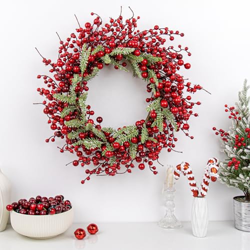 20 Inches White Christmas Wreath Farmhouse Christmas Wreaths for Front Door Rustic Winter Wreath with White Berry Fir Pine Needle for Doors Window Indoors Porches Outside