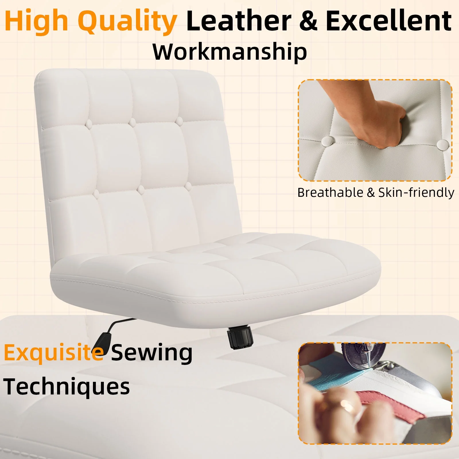 SeekFancy Criss Cross Legged Office Chair, Pu Leather Armless Desk Chair No Wheels, Wide Seat Home Office Task Chair Mid Back Vanity Chair, White