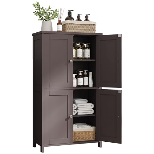 Nuturelly Freestanding Pantry Cabinets, Kitchen Floor Storage Cabinet with 4 Doors & 3 Adjustable Heights, Bathroom Organizers and Storage with Metal Handles, Waterproof Board, Brown