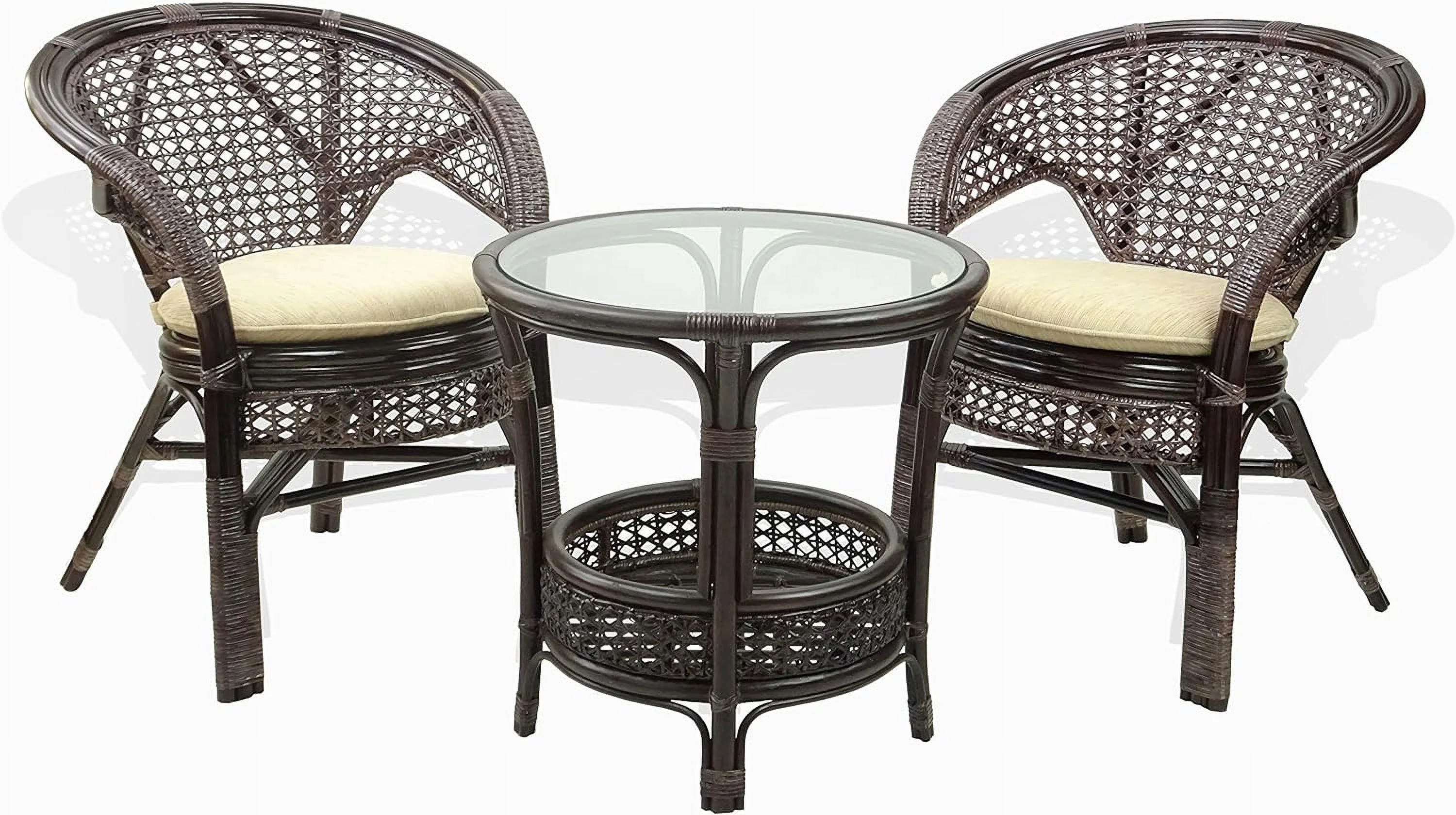 TJUNBOLIFE Pelangi Round Coffee Table Natural Rattan Wicker with Glass Top Handmade  Dark Brown