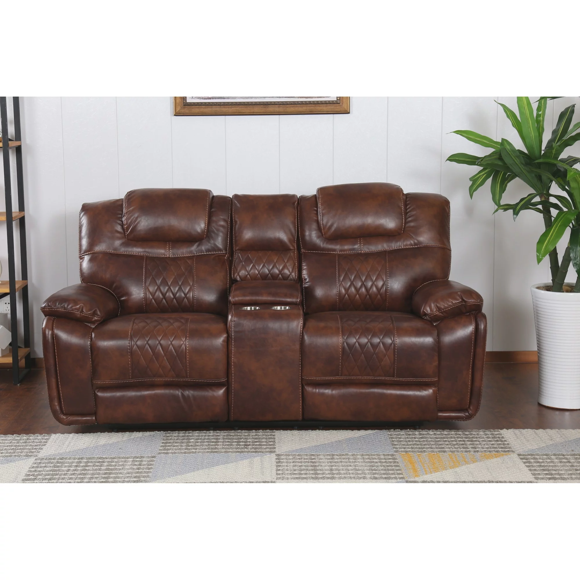 Sunset Trading Diamond Power Faux Leather Dual Reclining Loveseat in Brown