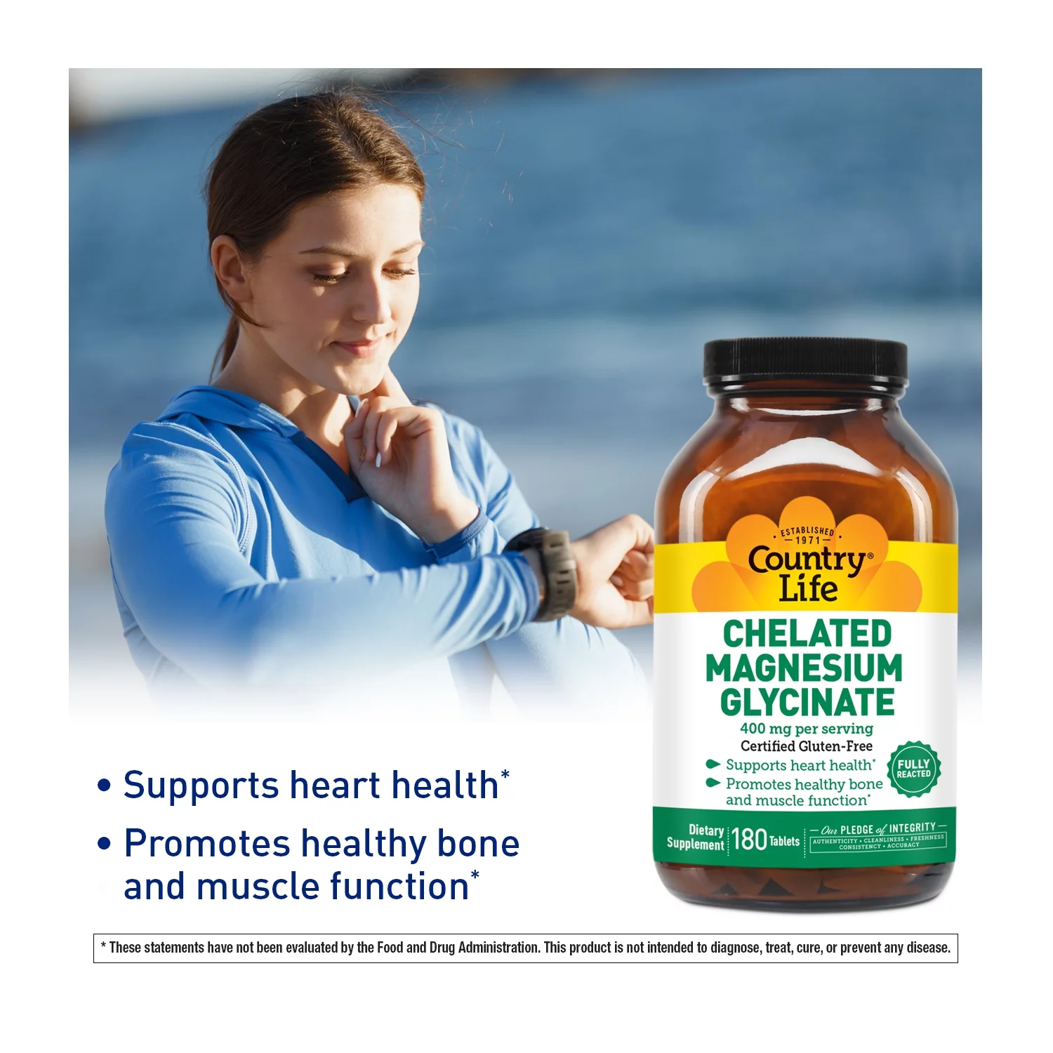 Country Life Chelated Magnesium Glycinate, 400 mg, 180 Tablets