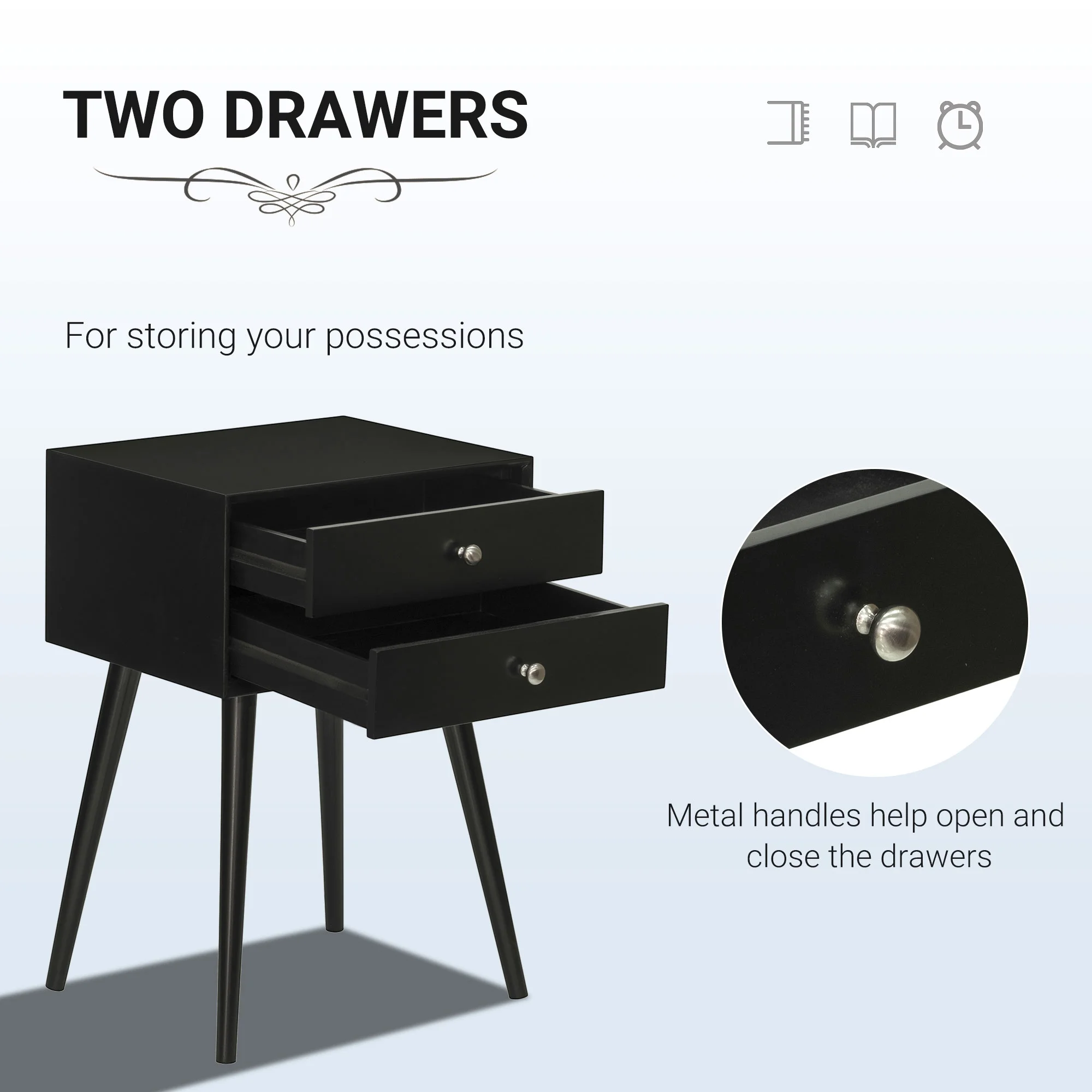 HOMCOM Side Table, Modern End Table with 2 Pull Out Drawers, Bedside Table with Display Tabletop and Solid Acacia Legs, Black