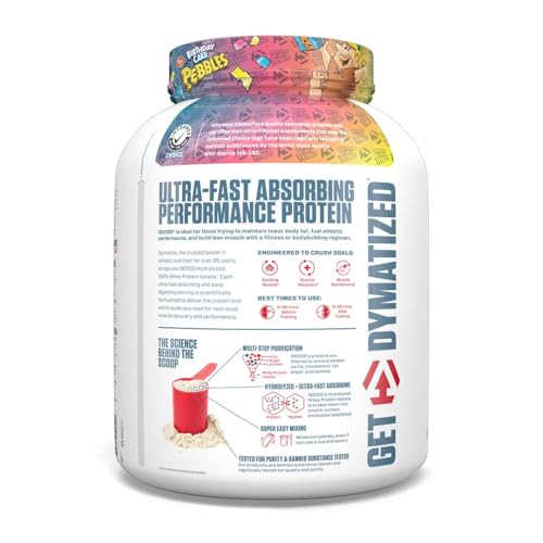 Dymatize x Fruity Pebbles ISO100 Whey Protein Powder Isolate, 25g of Protein, 20 Servings, 5.5g BCAAs, 120 Cal., Gluten Free, 1g Fat, 1g Sugar, 2g Carb