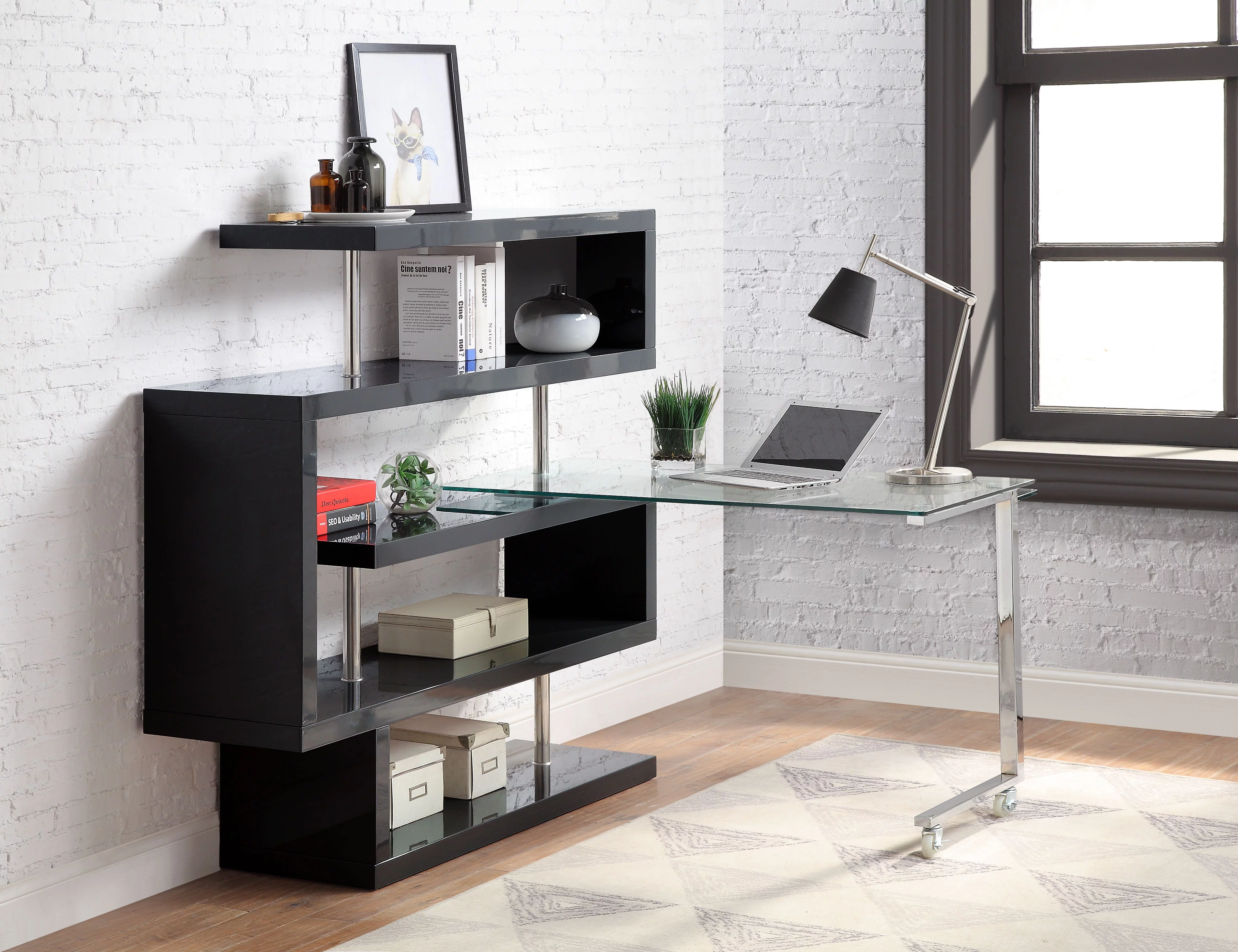 CoSoTower Writing Desk With Shelf, Clear Glass, Black & Chrome Finish 93177