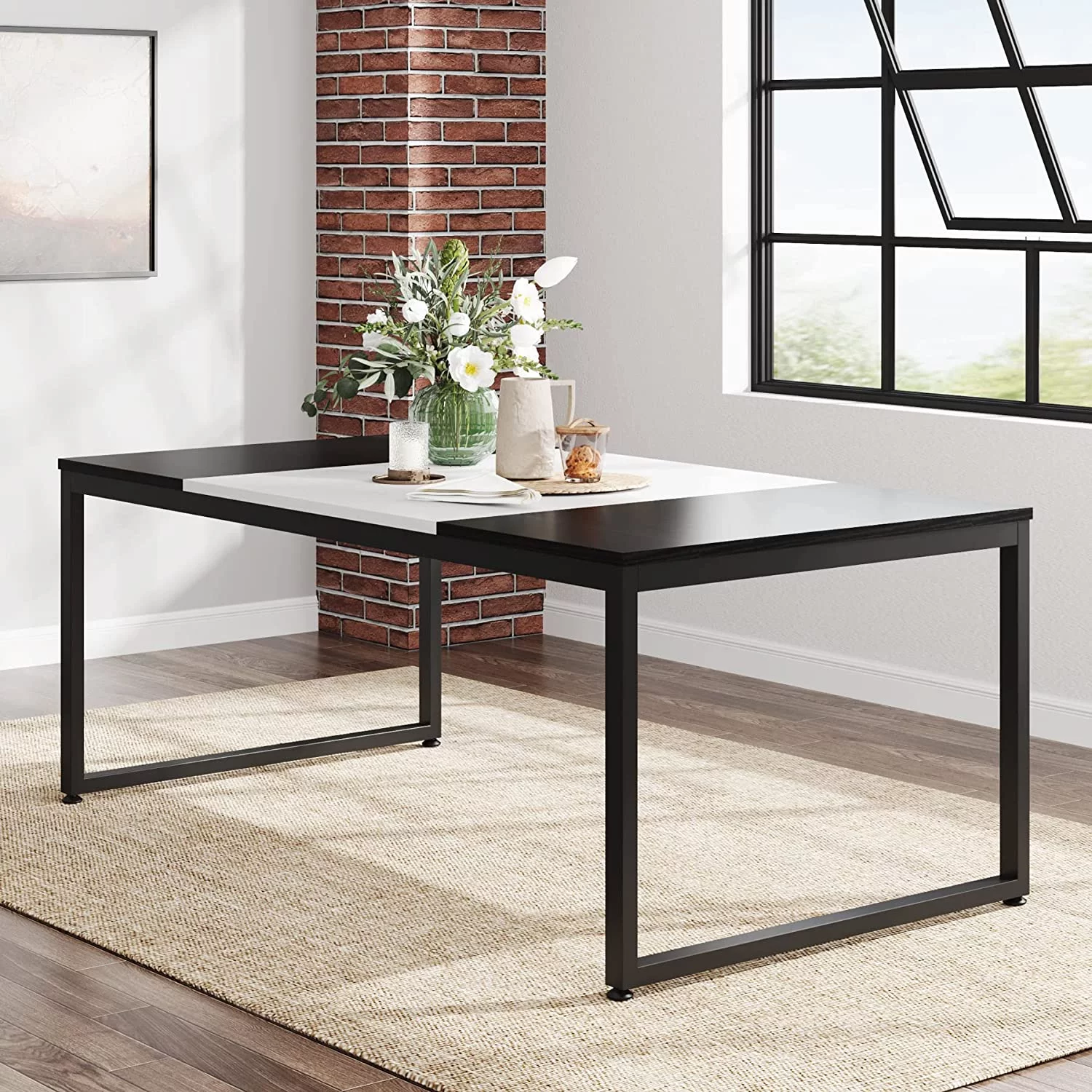 Tribesigns Modern Dining Table for 6, 71 Inch Wood Rectangular Table (Black/White)