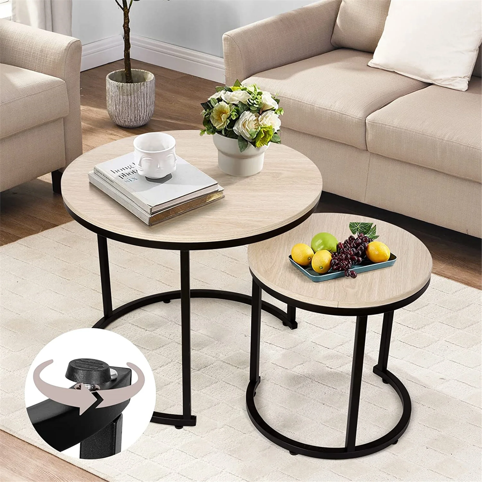 Modern Round Nesting Tables with Metal Frame (Set of 2) (White & Black)
