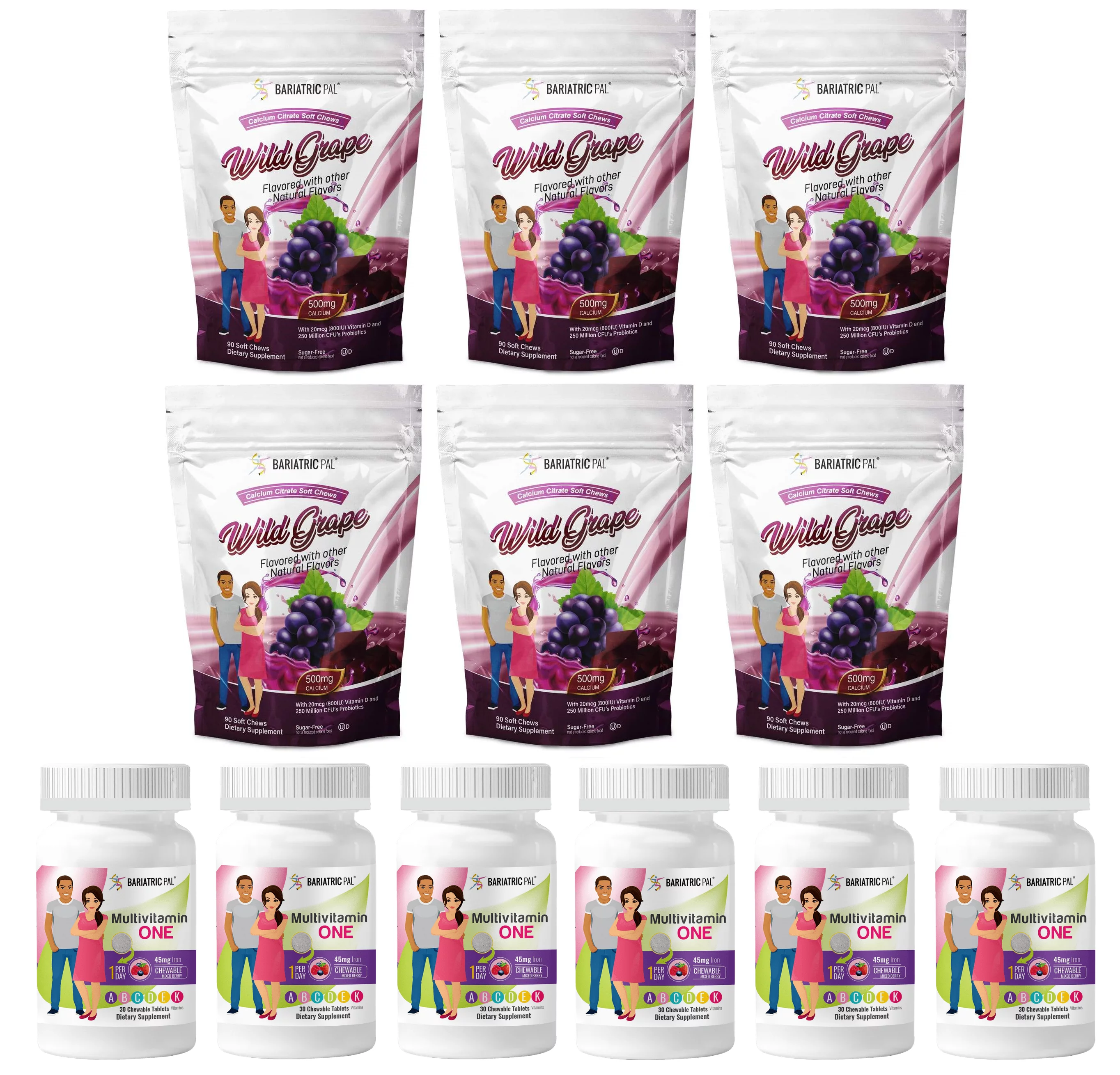 Gastric Sleeve Complete Vitamin Pack - Chewables Size: 6-Month Supply, BariatricPal Multivitamin ONE: Mixed Berry Chewable with 45mg Iron, BariatricPal Calcium Citrate Soft Chews: Wild Grape