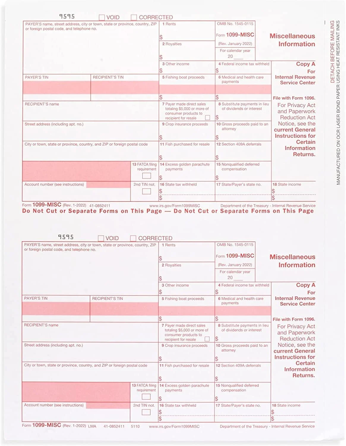 1099 Misc Forms 2022, 4 Part Laser Tax Forms for 25 Vendors, Designed for QuickBooks and Accounting Software, IRS- US Government Forms Made in USA - 25-Pack