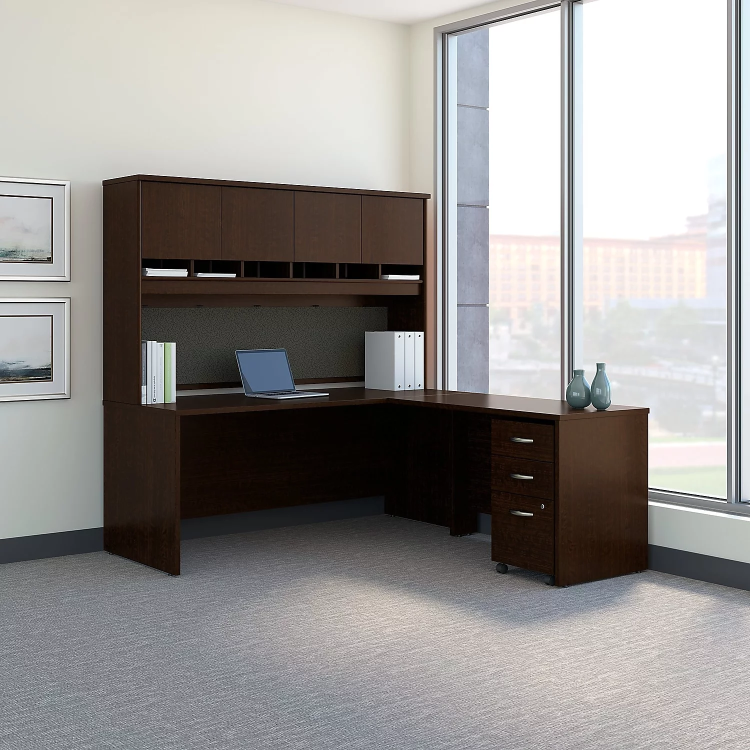 Series C 72W L Shaped Desk with Storage in Mocha Cherry - Engineered Wood