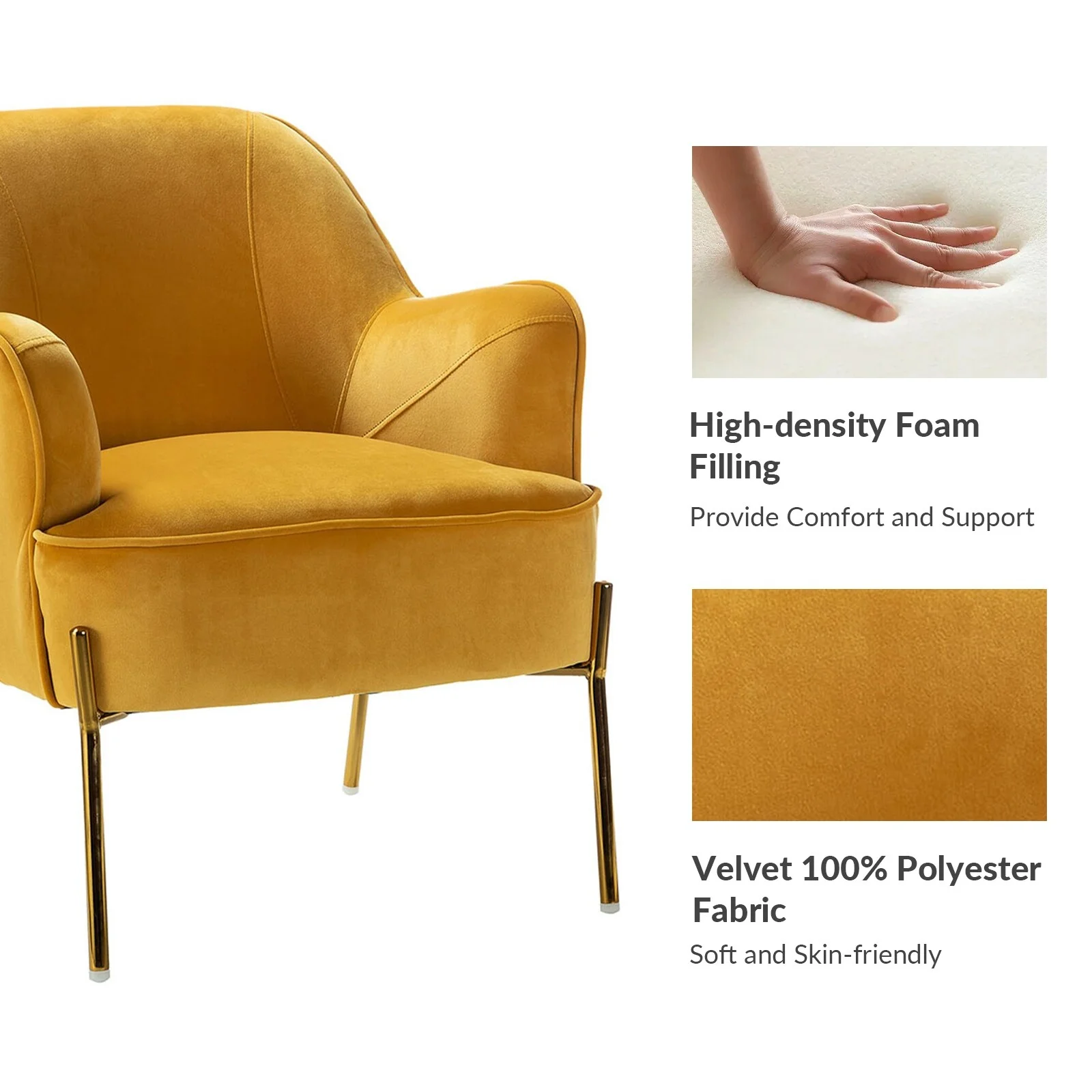 HULALA HOME Marina Modern Velvet Accent Chair with Golden  Legs Set of 2 by  MUSTARD