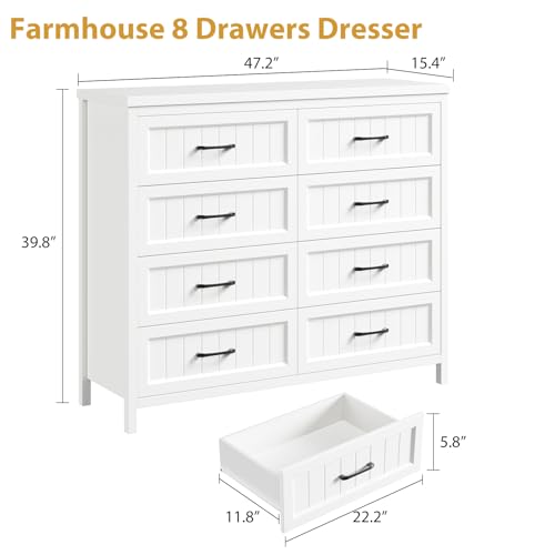 Elegant Farmhouse 8 Drawer Dresser for Bedroom - Large Wooden Double Dressers with Deep Drawers Dressers for Hallway, or Entryway - White & Brown