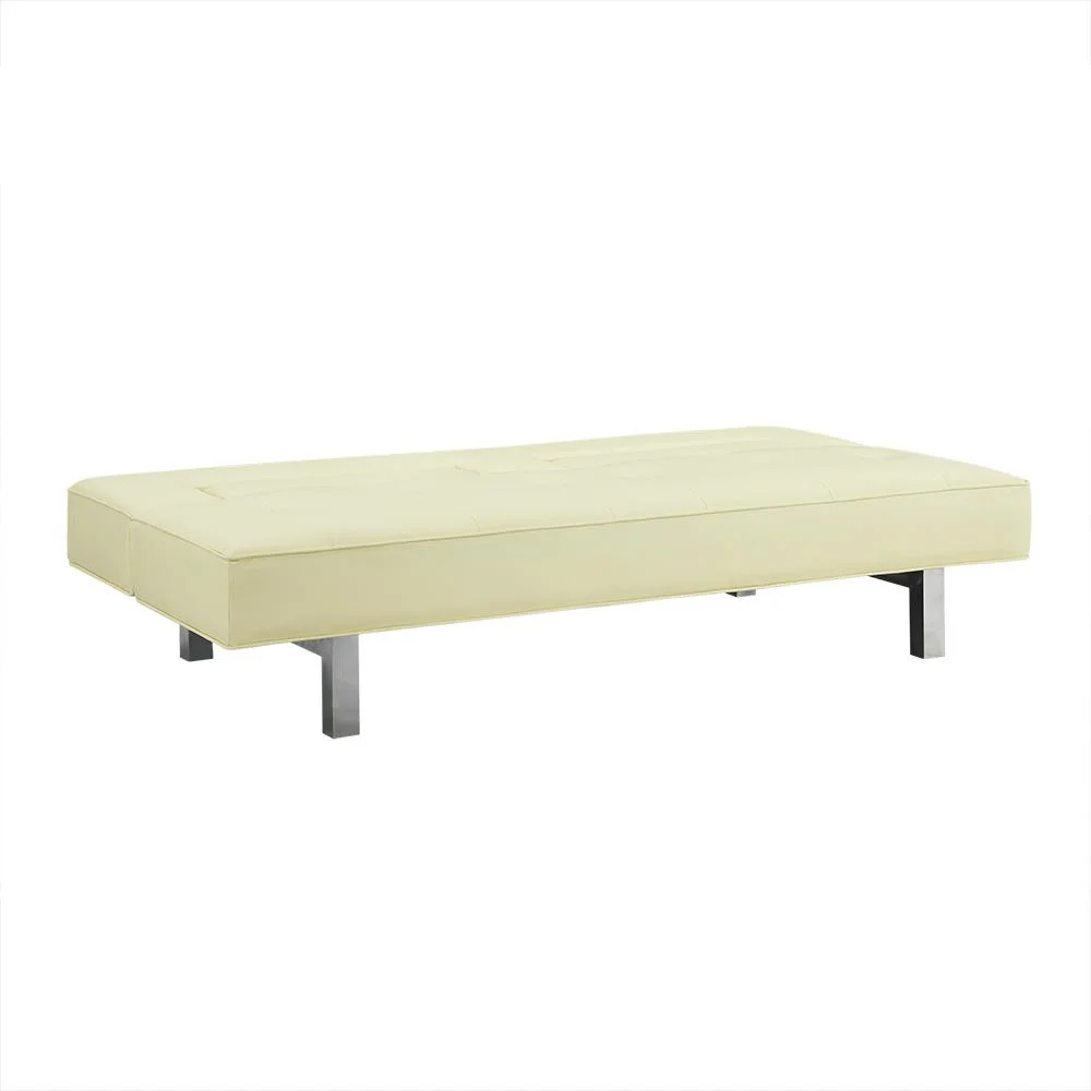Modern Convertible Futon Sofa Bed with Chrome Metal Legs, European Style Reclining Futon Sofa, Faux Leather, Cream