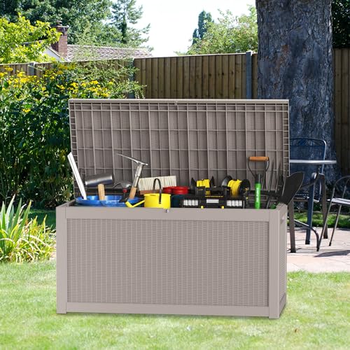 100 Gallon Outdoor Storage Box,Large Waterproof Resin Deck Box,Lockable Storage Container with Reinforced Support for Patio Cushions,Garden Tools,UV-Resistant（Black Rattan）