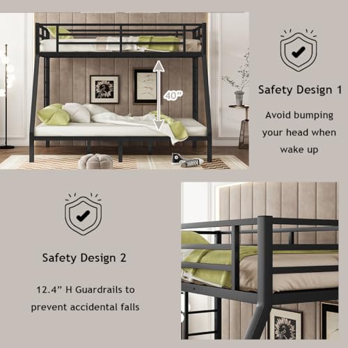 Heavy Duty Bunk Bed Frame with Ladder, Twin XL Over Twin XL Bunk Beds with Safety Guardrails, Adults Bunk Beds with Noise-Reducing Rubber Stoppers, Easy Assemble, Black