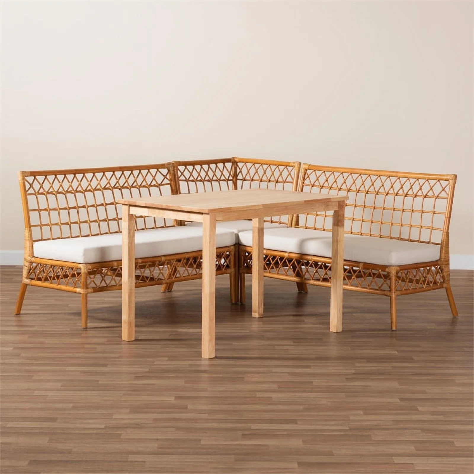 Pemberly Row Modern Bohemian Honey Rattan 4-Piece Dining Nook Set
