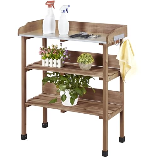 Yaheetech Outdoor Garden Potting Bench Table, Wooden Horticulture Planting Worstation w/Metal Tabletop/Storage Shelf/3 Hooks, Brown