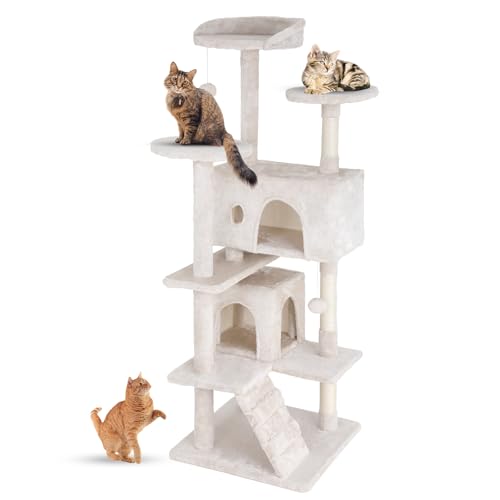 FDW Cat Tree 54in Cat Tower Multi-Level Durable Cat Scratching Post & Cozy Fun Cat Jumping Platform Space Saving Cat Condo Pet Play House for Indoor Cats,Dark Gray
