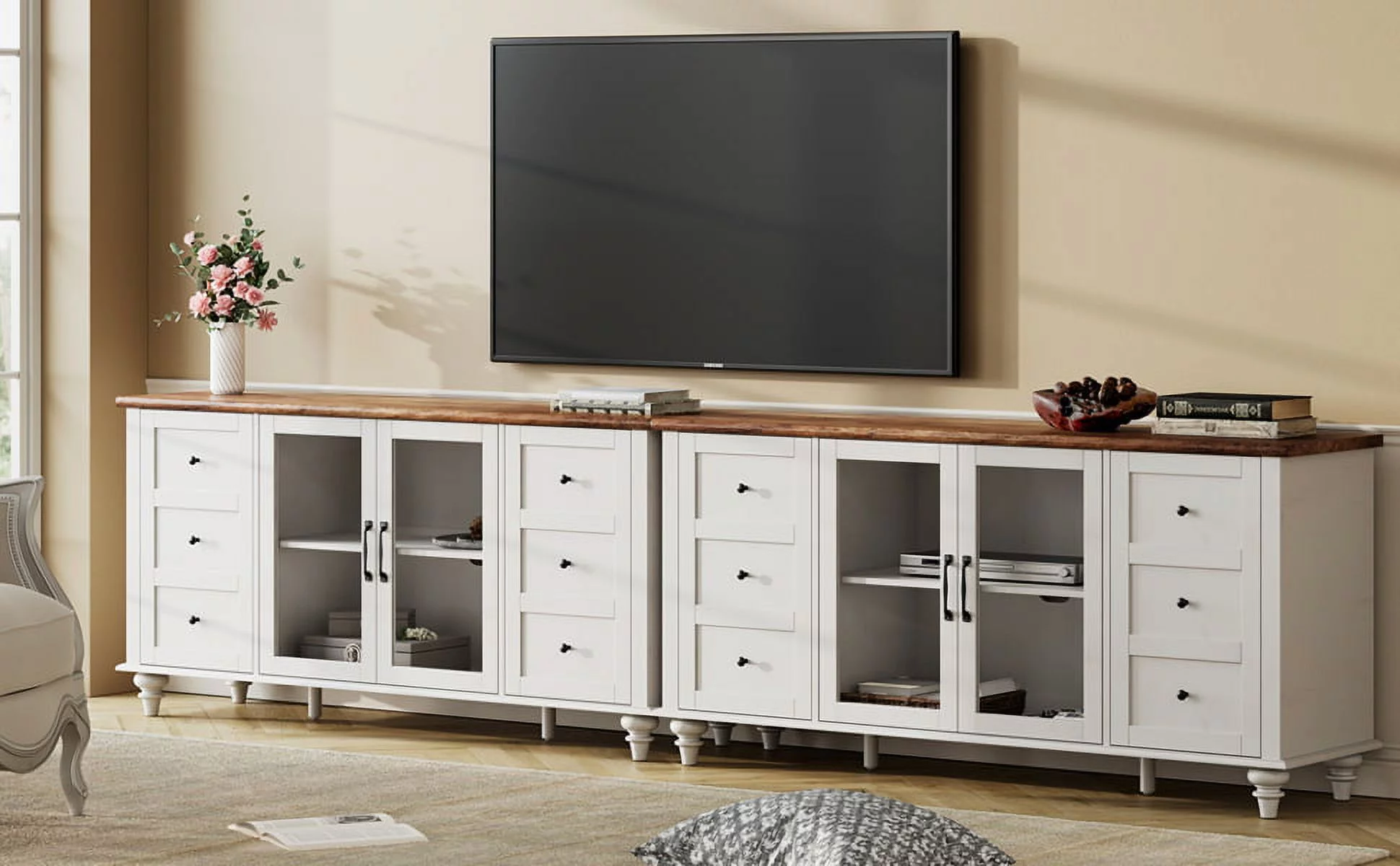 WAMPAT Glass Door Farmhouse TV Stand for TVs Up to 110 inch, Glass and Wood Universal TV Stand,White Entertainment Center for 85-110 inch TV Console Table，White&Oak