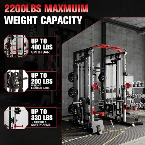Smith Machine - 2200lbs Squat Rack Home Gym with LAT-Pull Down System & Cable Crossover Machine - Training Equipment with Leg Hold-Down Attachment