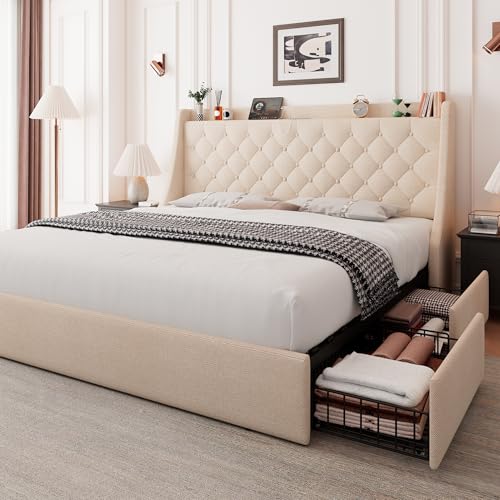 Feonase Upholstered Full Size Bed Frame with 4 Storage Drawers, Charging Station and Tufted Wingback Storage Headboard, No Box Spring Needed, Easy Assembly, Light Grey