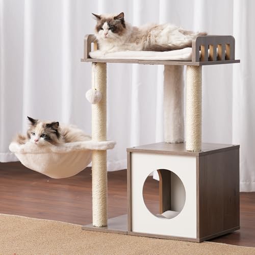 Heybly Modern Cat Tree, Wooden Cat Tower with 3 Scratching Posts, Cat Condo for Indoor Cats with Wood Cat Cave, Plush Perch, Basket, Pompom, Rustic Brown HCT007SSR
