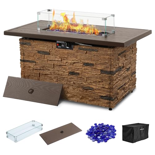 43¡± Propane Fire Pit Table Outdoor Rectangular Stone Firepit Table 50,000 Btu Propane Fire Tables for Outside Patio with Glass Wind Guard, Lid, Fire Glass Beads,Buff Rock Look