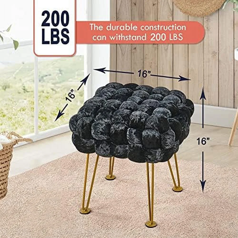 Dark Blue Soft Upholstered Ottoman Entryway Bench Seat 16"x16"x16" Sturdy Accent Coffee Table for Living Room Make Up Vanity Fluffy Shoe Stool with Golden Legs for Bedroom Clo