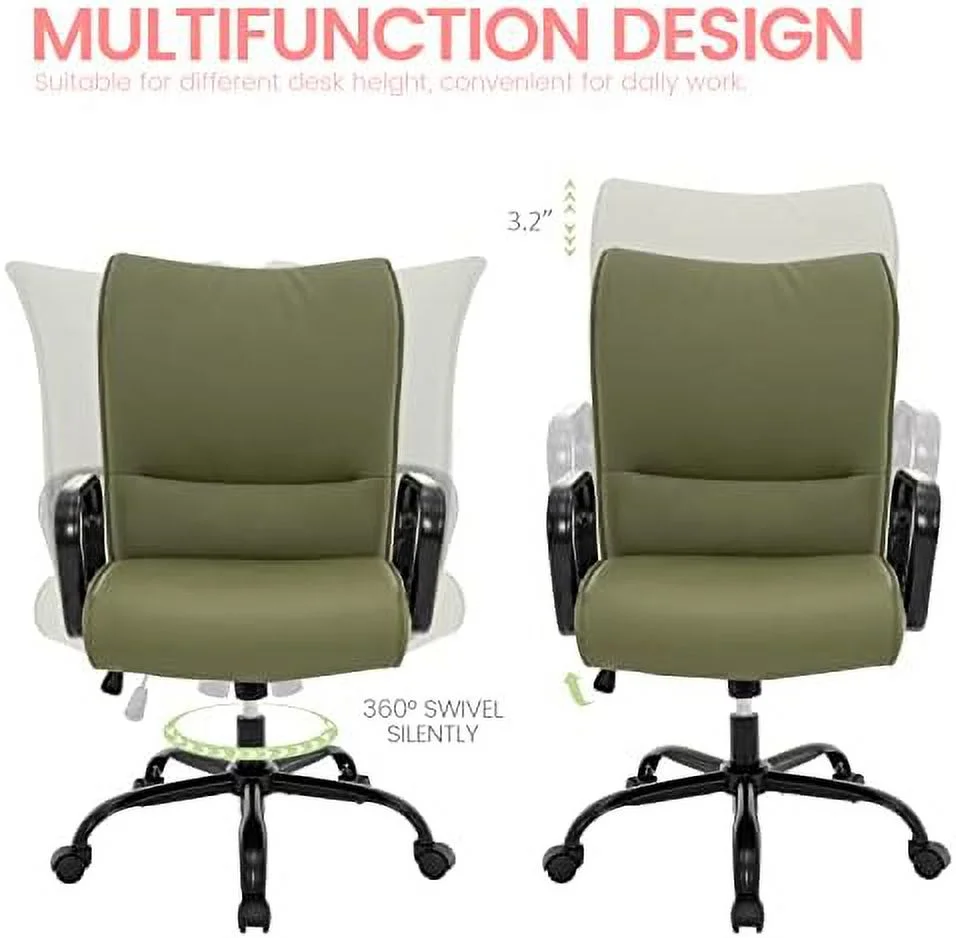 Office Chair  Modern Upholstered Mid-Back PU Leather Task Desk Chair with Arms  Adjustable Rocking Swivel Computer Chair with Wheels (Olive Green  Black Base)
