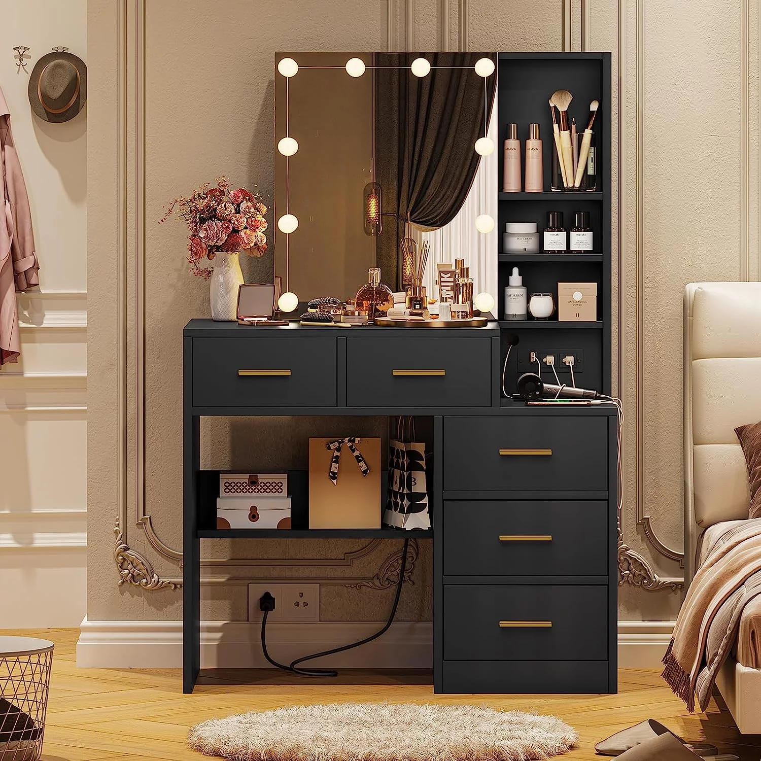 Vanity Table with Charging Station, Modern Dressing Table with 5 Drawers, Black