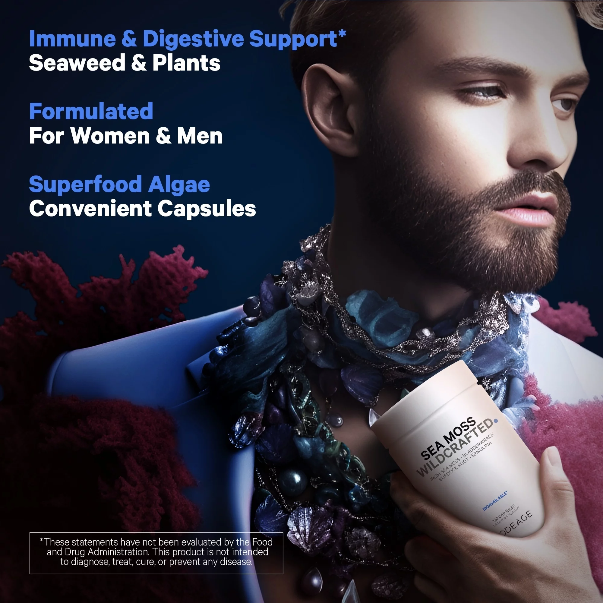 Codeage Raw Wildcrafted Irish Sea Moss, Bladderwrack, Burdock Root, Spirulina & BioPerine® Pepper, 120 ct