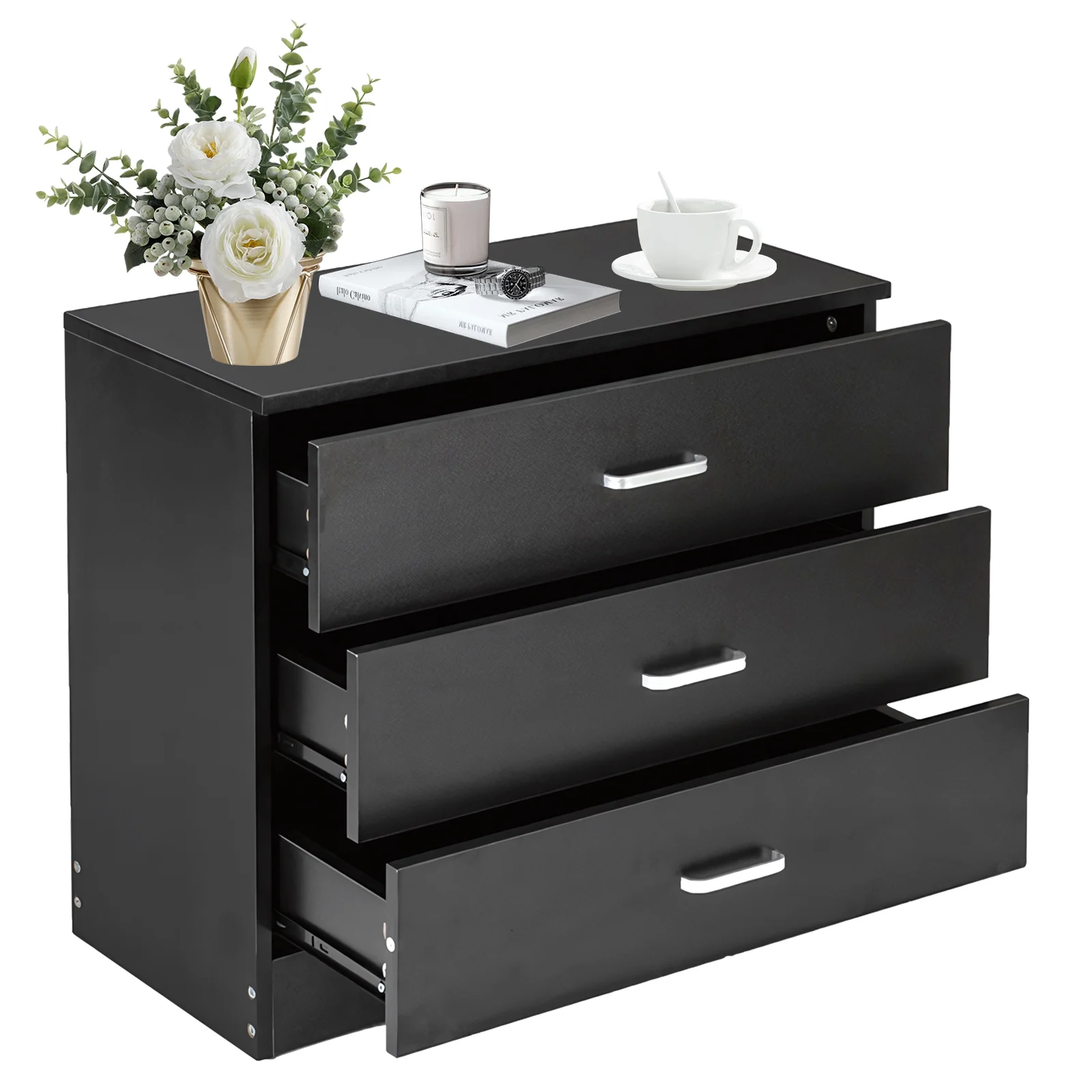 SYTHERS Modern Storage Chest of Drawers, Wooden Bedside Table Sofa Side Table Bedroom Nightstand, Black, 26W×13D×22H