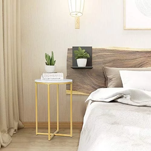 Faux Marble Side Table Set Of 2, Round End Table W/Golden Metal Frame & White Marble Top, Modern Small Bedside Accent Table For Living Room Small Space