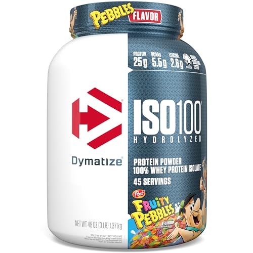 Dymatize x Fruity Pebbles ISO100 Whey Protein Powder Isolate, 25g of Protein, 20 Servings, 5.5g BCAAs, 120 Cal., Gluten Free, 1g Fat, 1g Sugar, 2g Carb