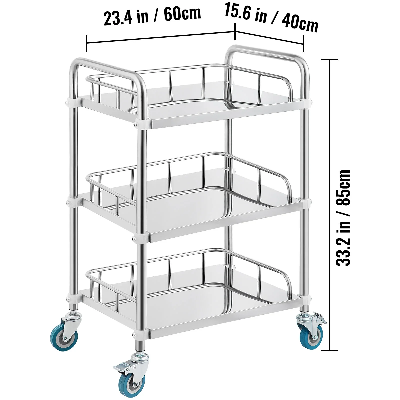 BENTISM 3-Layer Stainless Steel Lab Medical Equipment Cart Trolley