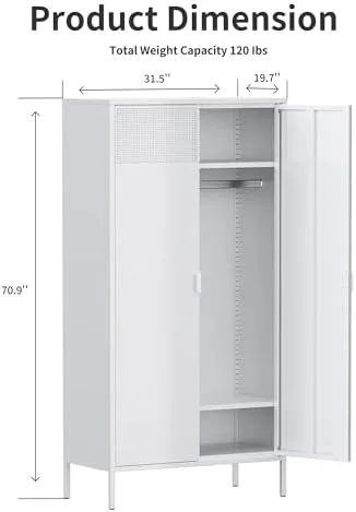 KHBIULIFE Metal  Cabinets Locker with Hanging Rod and Adjustable Shelves  71'' Clothing Steel  Wardrobe for Home & Office  School  Employee Gym(White)