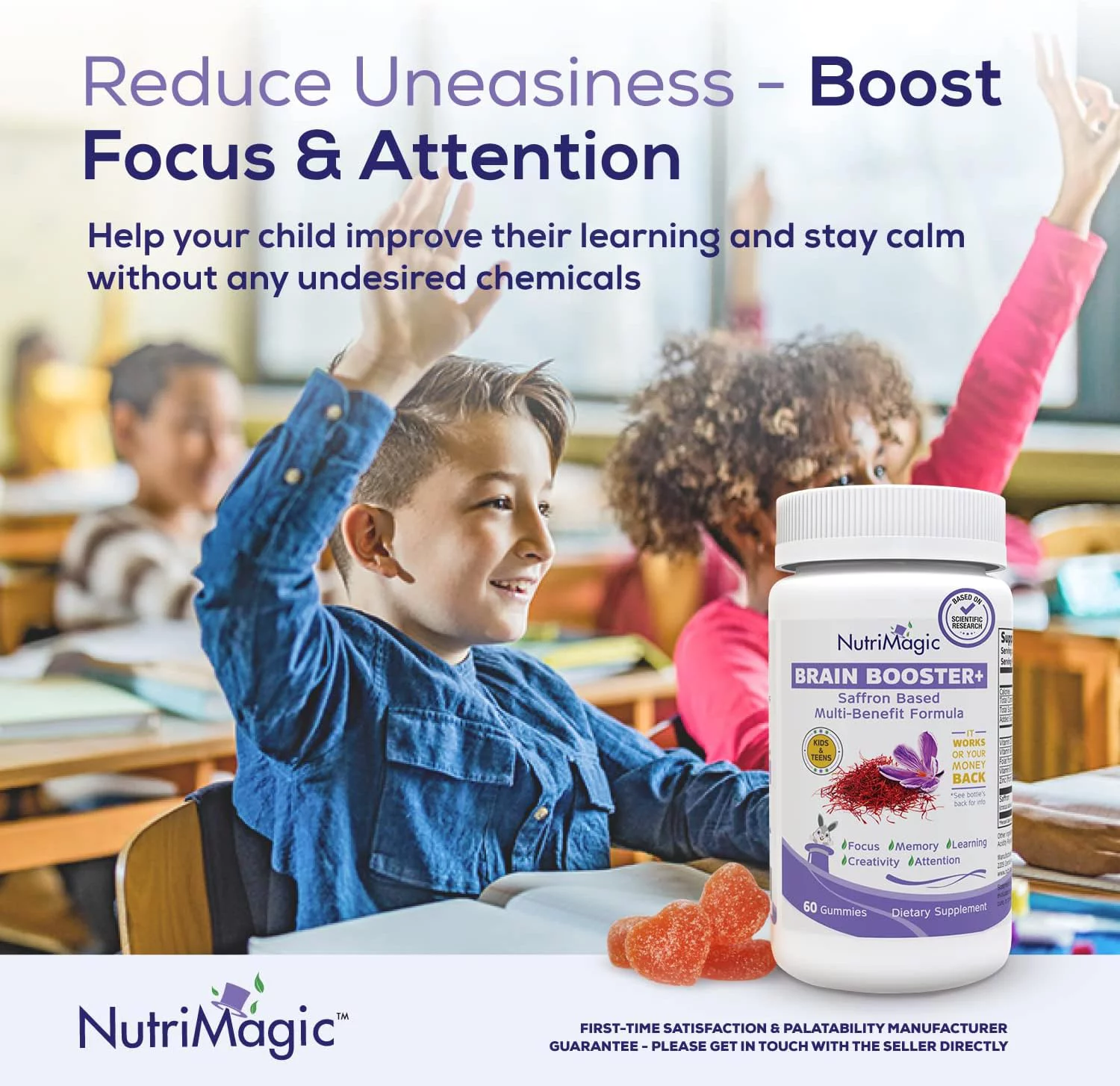 NutriMagic KIDS Brain Booster+ Focus, Attention Saffron-Based Brain Health Supplement & Multivitamin, Vegan, 60 Pack