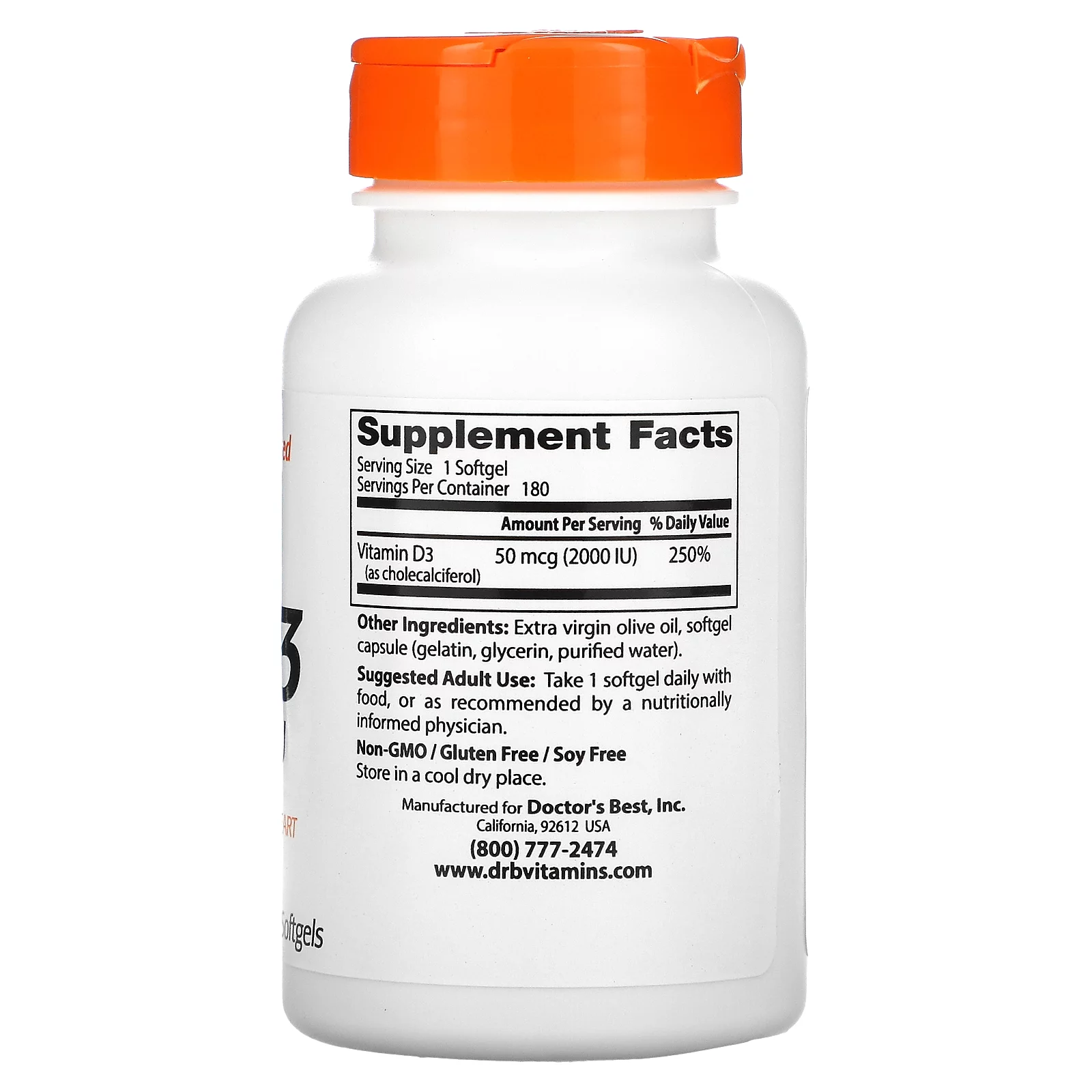 Doctor's Best, Vitamin D3, 50 mcg (2,000 IU), 180 Softgels Pack of 4